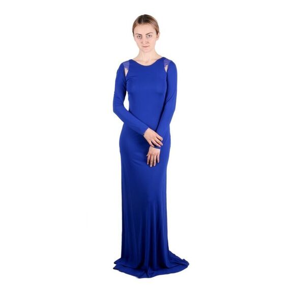 Roberto Cavalli Royal Blue Fitted Maxi Dress Lace  Shoulder Insert  44IT-10US - Picture 2 of 5